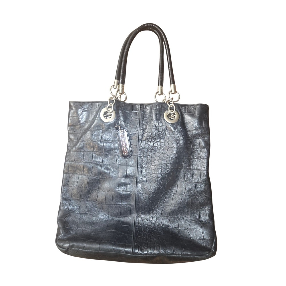 Cynthia Rowley Black Croc Embossed Leather Tote Shoulder Bag Silver Hardware